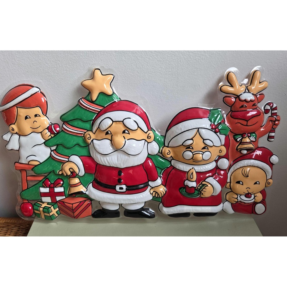 Vintage Santa Family Christmas Wall Hanging Molded Plastic Decor 20"